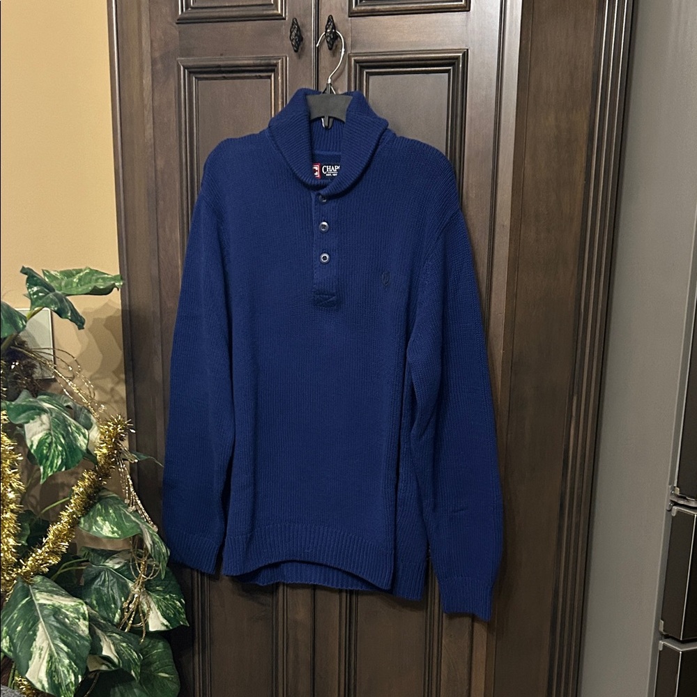 Chaps Men’s 100% Cotton Blue Button Shawl Collar Pullover Sweater